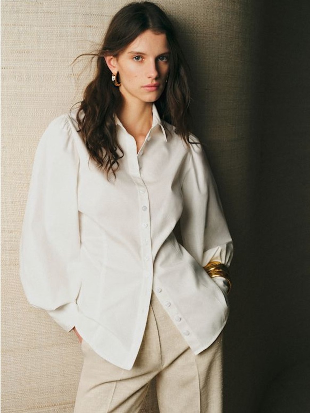 Sezane NWT Sullia White Ecru Button Down Balloon Sleeve Women's Blouse Size 2
